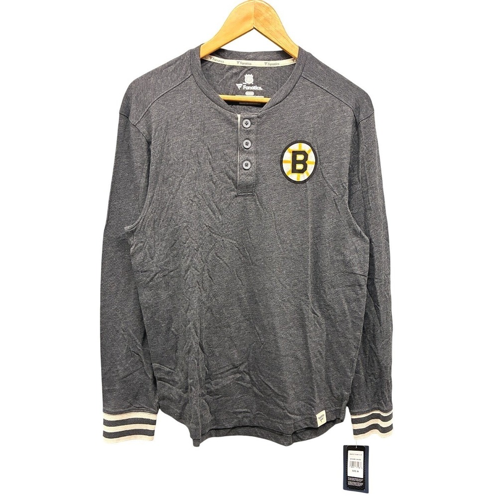 Fanatics Boston Bruins NHL Varsity Henley Long Sleeve Shirt Mens M Gray NWT